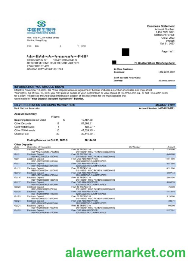 China Minsheng Bank firm account statement Word and PDF template